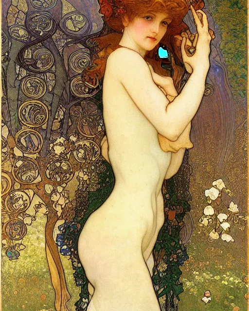 Image similar to an elf princess by Alphonse Mucha, Gustav Klimt and edgar maxence