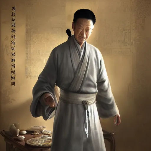 Prompt: portrait painting of a 6 0 year old kind handsome chinese taoist priest, like liangchao wei, silver ponytail hair, amiable by wenjun lin, irakli nadar, bright colors, octopath traveler, wenjun lin, unreal engine 5 highly rendered, global illumination, radiant light, detailed and intricate environment