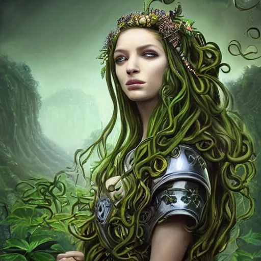 Image similar to beautiful a muse of beauty, medusa Vraska golgari queen, long flowing medusa hair, mostly green and leather pirate armor, young female face, vine like plants and jungle background, cinematic top lighting, insanely detailed and intricate, face by wlop, Charlie Bowater, golden ratio, symmetric, elegant, ornate, luxury, elite, matte painting, MTG, magic the gatheing, cinematic, cgsociety, 8k, high resolution,