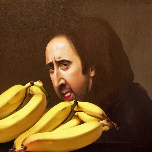 Prompt: highly detailed oil painting of nicolas cage in a banana, 4 k, in the style of caravaggio, monet, botticelli and dali