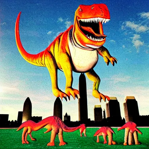 Image similar to pink Floyd sing in Atlanta riding dinosaurs