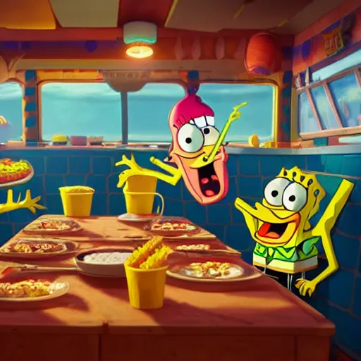 Image similar to spongebob squarepants eating at the krusty krab, inspired by stephen hillenburg, perfect symmetry, dim volumetric cinematic lighting, extremely hyper - detailed attributes & atmosphere, intricately proportional, masterpiece, artstation, stunning,