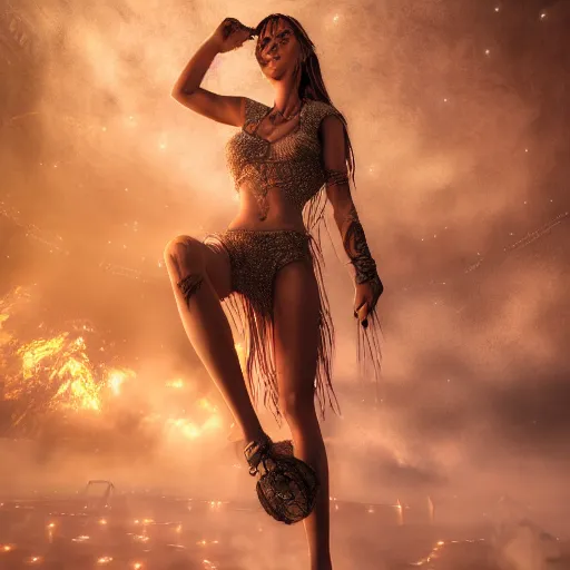 Image similar to full body pose, hyperrealistic photograph of a beautiful girl, burning man, dim volumetric lighting, 8 k, octane beautifully detailed render, extremely hyper detailed, intricate, epic composition, cinematic lighting, masterpiece, trending on artstation, very very detailed, stunning, hdr, smooth, sharp focus, high resolution, award, winning photo, dslr, 5 0 mm