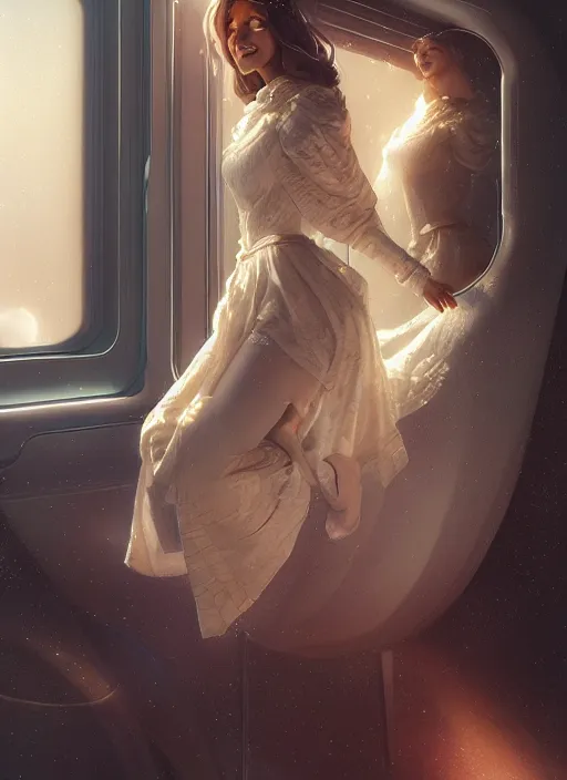 Image similar to woman sitting on a spaceship window, beautiful detailed dress, portrait, beautiful model girl, smiling, by artgerm, by wlop, by greg rutkowski, octane render, digital art