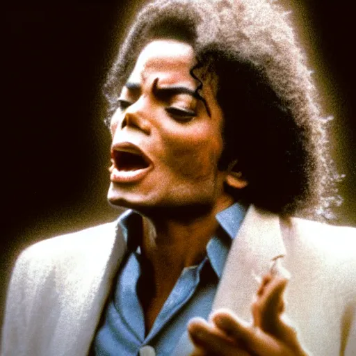 Image similar to cinematic still of Michael Jackson preaching at a Baptist Church in Rural Tennessee, close up, shallow depth of field, cinematic