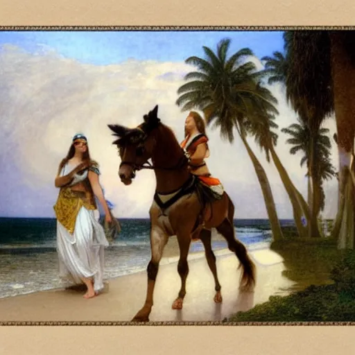 Prompt: Girl riding a horse leaving the palace through the bridge, thunderstorm, beach and palm trees on the background major arcana sky, by paul delaroche, alphonse mucha and arnold böcklin arnold böcklin hyperrealistic 8k, very detailed