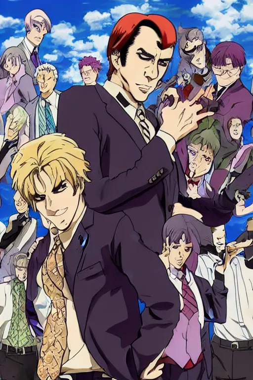 Image similar to Saul Goodman as a hardcore anime character, in the style of Jojo's Bizarre Adventure