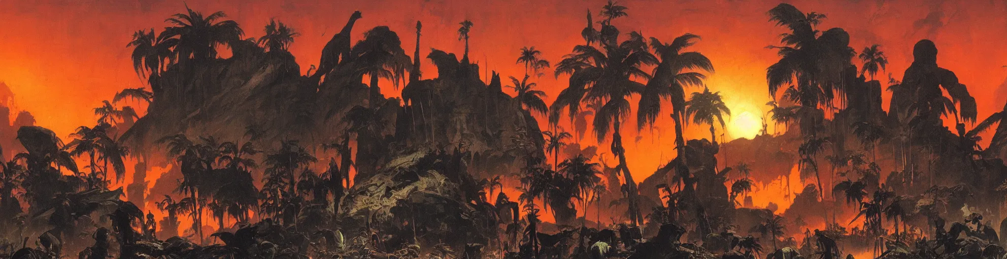 Prompt: panorama backlight of death jungle sunset by frazetta