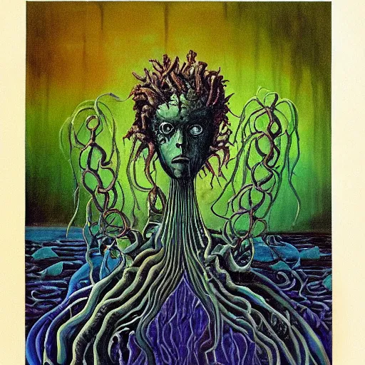 Image similar to deep sea plant life creature, black lagoon, amphibious, seaweed, coral, surreal painting, painted by dali,