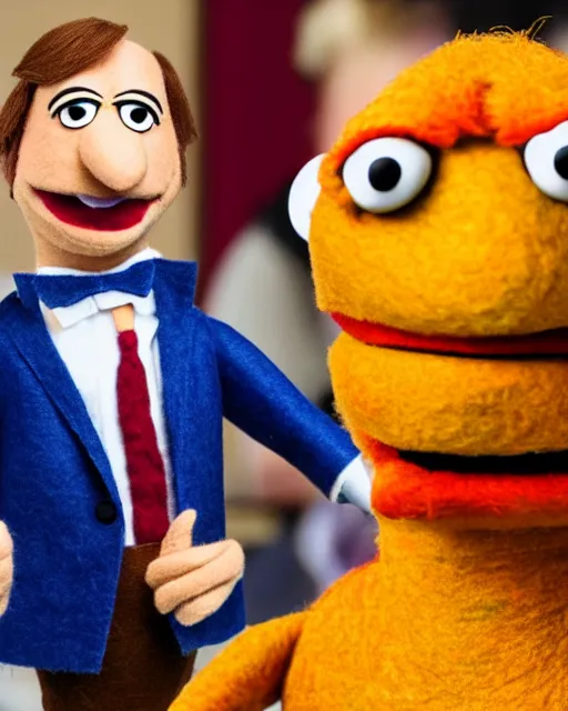 Image similar to saul goodman as a muppet. highly detailed felt. hyper real photo. 4 k.