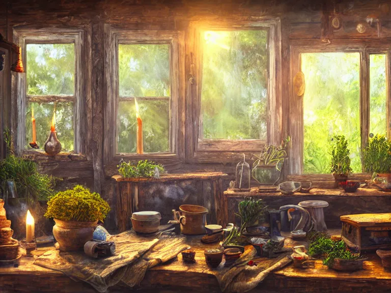 Image similar to expressive rustic oil painting, interior view of a cluttered herbalist cottage, waxy candles, wood furnishings, herbs hanging, light bloom, dust, ambient occlusion, morning, rays of light coming through windows, dim lighting, brush strokes oil painting