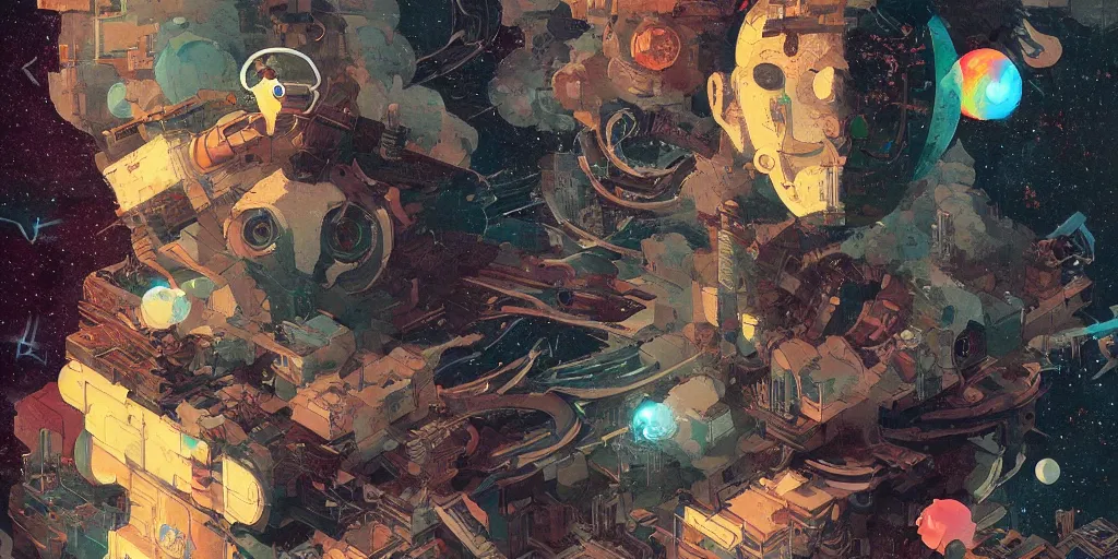 Image similar to colorful mcbess illustration of a robot trying to paint the universe, intricate complexity, by greg rutkowski, artgerm, ross tran, conrad roset, takato yomamoto, ilya kuvshinov, 8 k, beautiful, cinematic dramatic atmosphere