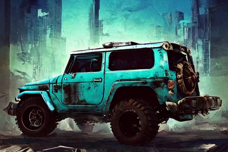 Image similar to digital illustration of a futuristic faded cyan mad max's fj 4 0 decrepit!!!! pursuit special, rusty!!! cyberpunk nissan fj cruiser heavily modded 1 9 9 0 s, the last v 8 interceptor by makoto shinkai, ilya kuvshinov, lois van baarle, rossdraws, basquiat