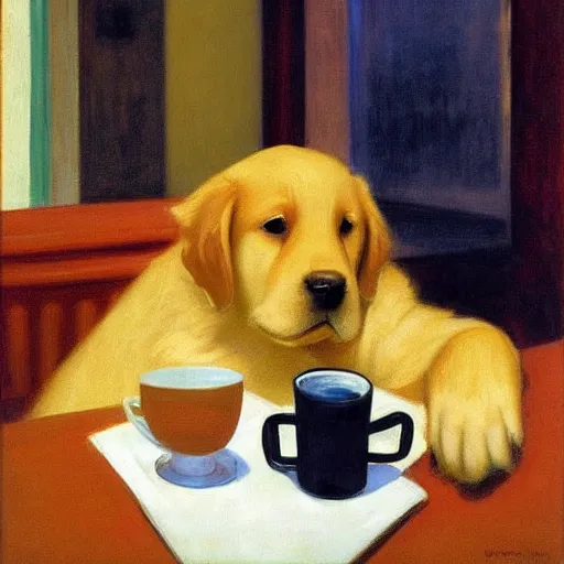 Prompt: Golden retriever puppy sitting at a diner drinking a cup of coffee, looking melancholy, edward hopper