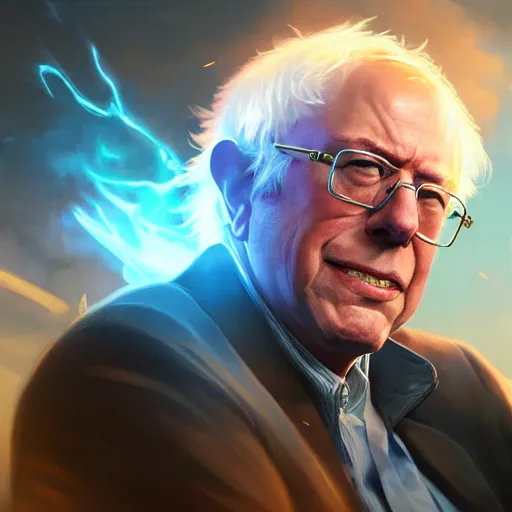 Image similar to portrait of bernie sanders burning money, league of legends amazing splashscreen artwork, splash art, natural light, elegant, photorealistic facial features, intricate, fantasy, detailed face, atmospheric lighting, anamorphic lens flare, cinematic lighting, league of legends splash art, hd wallpaper, ultra high details by greg rutkowski