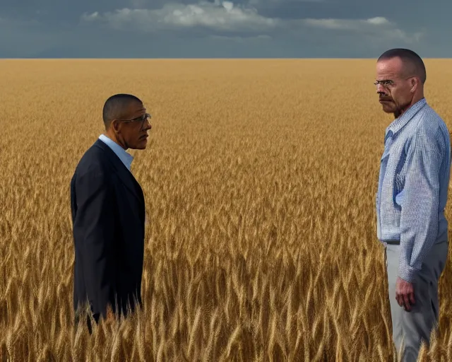 Image similar to extreme long shot of walter white and gustavo fring stand facing each other from a distance in a wheat field, low angle, side view, 3 5 mm photograph, 8 k resolution, wide shot, sharp lens