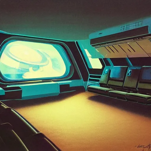 Image similar to Cozy interior of a spaceship, teal lighting, cozy lighting, space seen outside from a window, by Syd Mead, John Harris, Federico Pelat