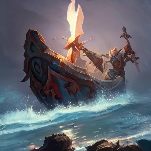 Image similar to arcane style viking battleship, viking spears and axes. spear and axes, sea background, bright art masterpiece artstation. 8 k, sharp high quality artwork in style of greg rutkowski, concept art by tooth wu, blizzard warcraft artwork, hearthstone card artwork