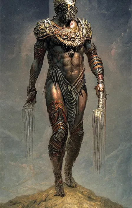 Prompt: zeus god concept, wearing thunder armor, ancient greek ornamented armor, beksinski, weta workshop concept art