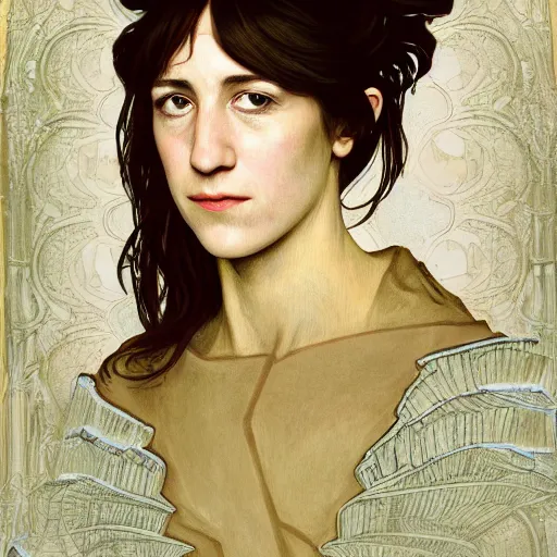 Image similar to accurate portrait of! charlotte gainsbourg! as joan of arc, hyperrealistic digital painting, iconography influenced by alphonse mucha and eugene delacroix, arstation and deviantart trends, high resolution 8 k