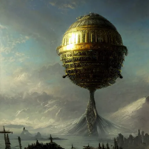 Image similar to enormous flying city in a faberge egg, sky, steampunk, fantasy art, masterpiece, hugh ferriss, unreal engine, peder balke, andreas achenbach cloudy background