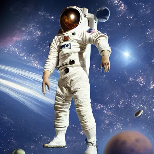 Prompt: ronaldo in space, full body shot, wide angle