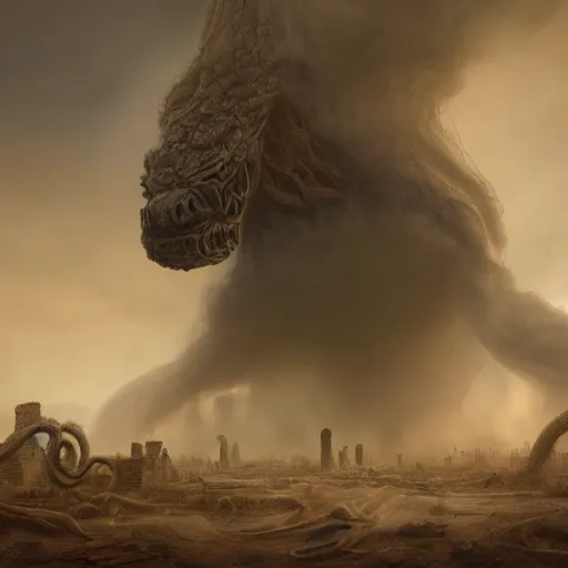 Image similar to Giant smoke monster coming out of the ground, thick swirling smoke, Nyarlathotep, Tentacles, mist, air particles, sandstorm, dramatic lighting, Byzantine ruins, surrounded by priests, worshipers, desert, cinematic, trending on artstation