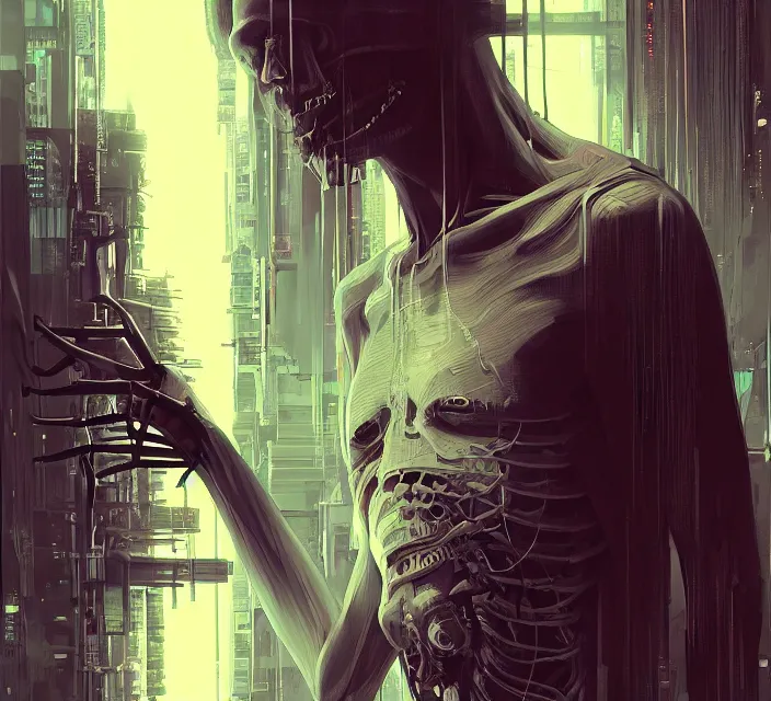 Image similar to cyberpunk neon skeleton jesus, noir, sharp focus, intricate, illustration, cell shaded, digital painting, highly detailed, matte, art by ilya kuvshinov, wlop, greg rutkowski, reflections, studio quality, james jean, artem demura