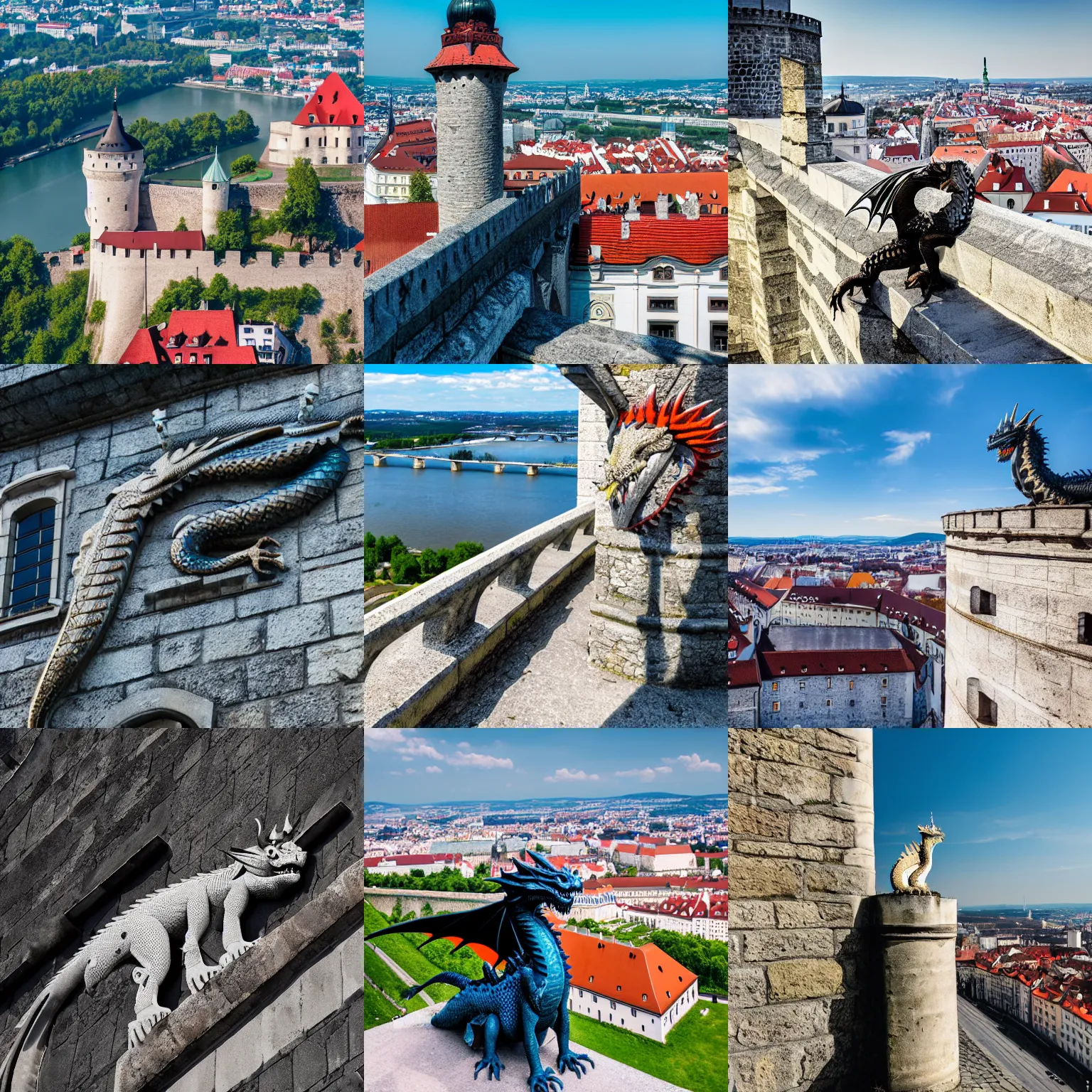 Prompt: a dragon resting on top of bratislava castle, 4k photography