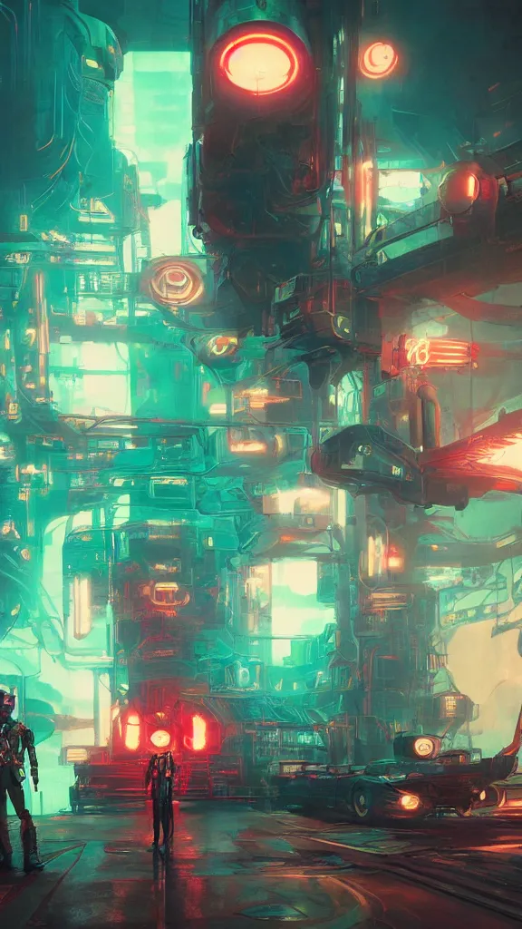 Prompt: concept art, retro - futurist steampunk pilots, octane render, artstation, dramatic neon lighting, glowing imperial motifs, red turquoise accents, bladerunner, by gerald brom, james jean, syd mead, akihiko yoshida, cinematic
