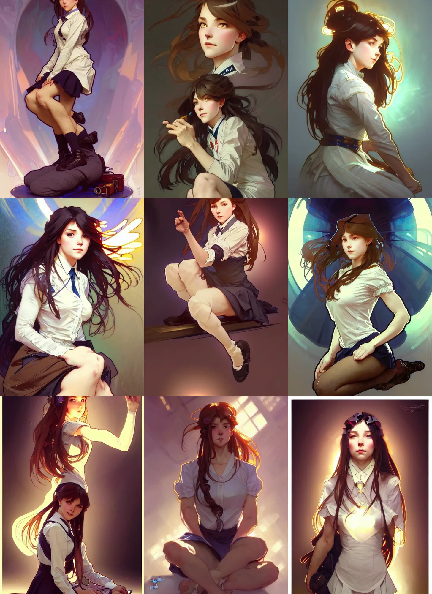 Prompt: a digital concept art by artgerm and greg rutkowski and alphonse mucha. clear portrait of a squatting attractive school girl in uniform!! sit on heels!! light effect. hyper detailed, character concept, glowing lights!! intricate, elegant, digital painting, artstation, smooth, sharp focus