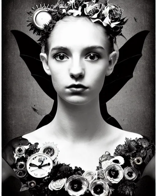 Image similar to a black and white high quality dreamy photo of a young beautiful female queen-pale dragon-vegetal-many big steampunk flowers-cyborg bust with a very long neck, elegant, highly detailed, poetic, soft, dreamy, mysterious, high fashion, in the style of Diane Arbus, Realistic, Refined, Digital Art, Highly Detailed, Cinematic Lighting, rim light, black and white, photo-realistic, 8K
