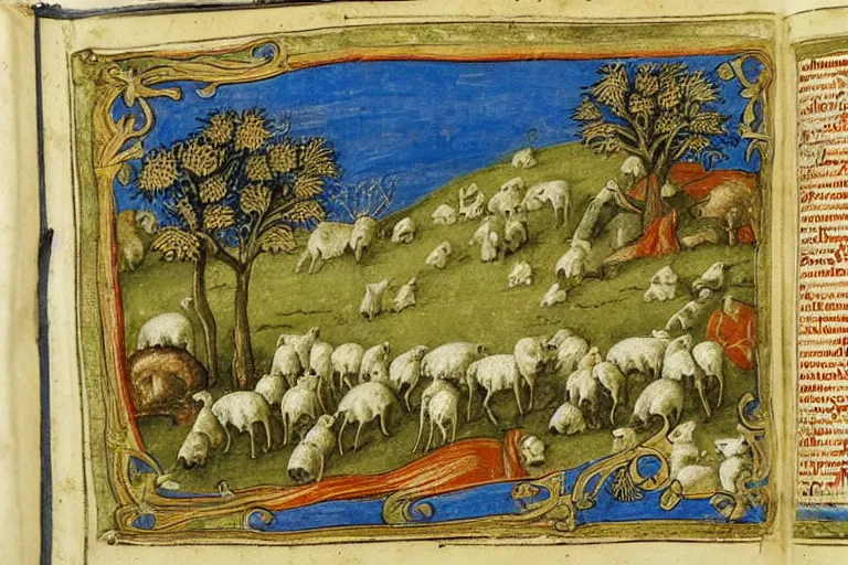 Image similar to medieval illuminated manuscript bible page depicting a tranquil pastoral landscape with sheep