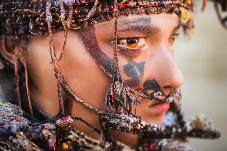 Prompt: close - up photo of a beautiful tai warrior princess in a battle scene, detailed eyes, shallow depth of field, photorealistic, cinematic lighting, lovely bokeh, warm colours, dusk