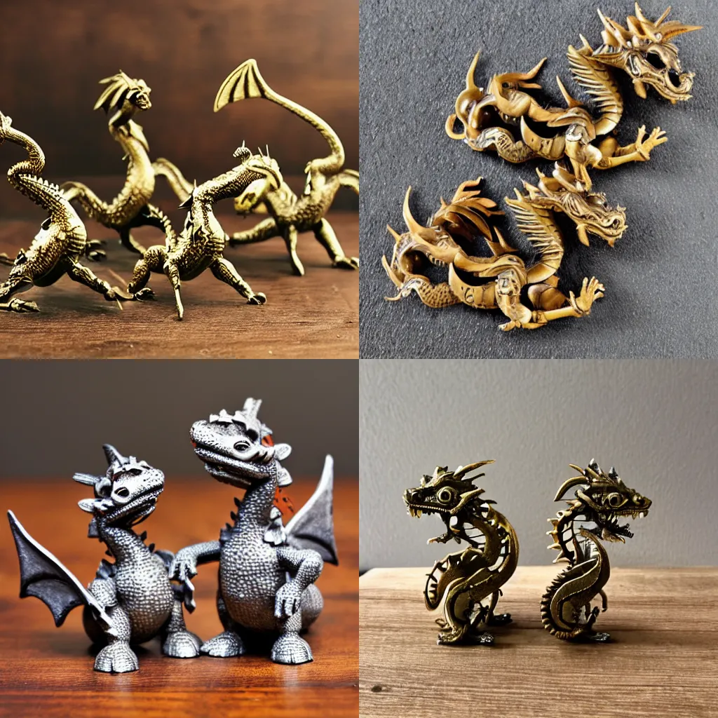 Prompt: Little ornate windup toy metal dragons on a wooden tabletop