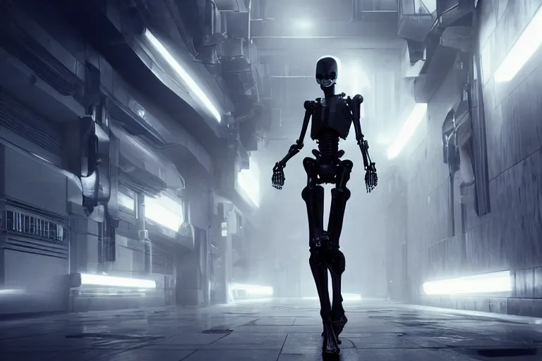 Image similar to skeletal black mecha walking down white marble hallway, Skeletal face android face one eye. mecha (carbon fiber) long limbs black panels reflective. Skeletal face android face one eye ((glowing_red_eye)) RTX On UE5 Artstation Bladerunner_2049_scene!!!!!! Cyberpunk 2077 bladerunner2049!!! bladerunner!!! Dark figure walking down white hallway slightly offset fancy hallway. reflective floor!!!!! Tom Bagshaw and Greg Rutkowski and Alphonse Mucha