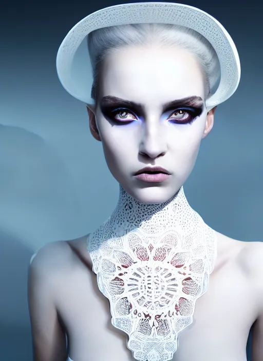 Prompt: portrait of a fierce nubile young woman with reflections in her eyes and white makeup and long dark hair, painted in futuristic white latex, waves of billowing doily dress, clear skin, elegant, graceful, fashionable, cinematic, hyperdetailed illustration by irakli nadar and alexandre ferra, depth of field, global illumination,