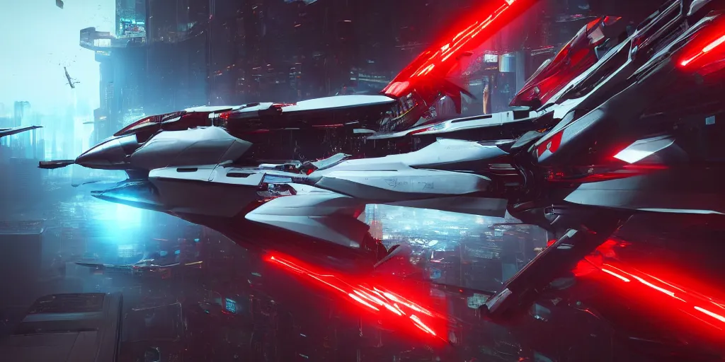 Image similar to cyberpunk concept inspired jet, futuristic look, highly detailed body, aerodynamic body, photorealistic camera shot, bright studio setting, studio lighting, crisp quality and light reflections, unreal engine 5 quality render, red and black tones, shooting