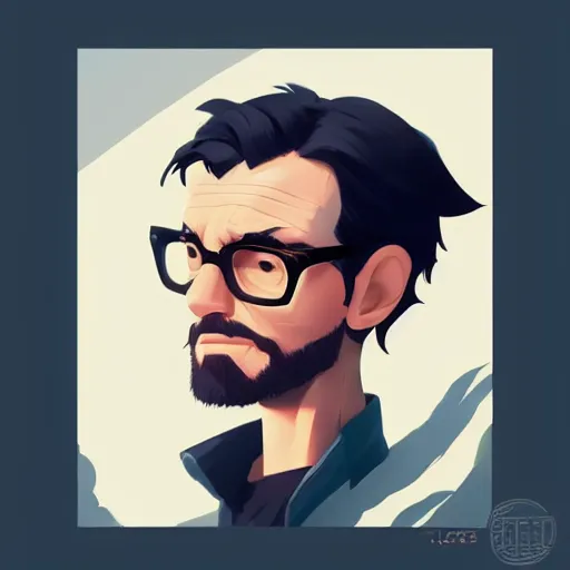 Image similar to face icon stylized minimalist michael crichton, loftis, cory behance hd by jesper ejsing, by rhads, makoto shinkai and lois van baarle, ilya kuvshinov, rossdraws global illumination