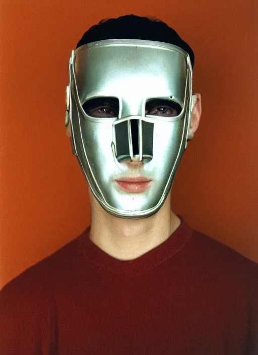 Image similar to a fashion portrait photograph of a man wearing a metal mask designed by piet mondrian, 3 5 mm, color film camera,