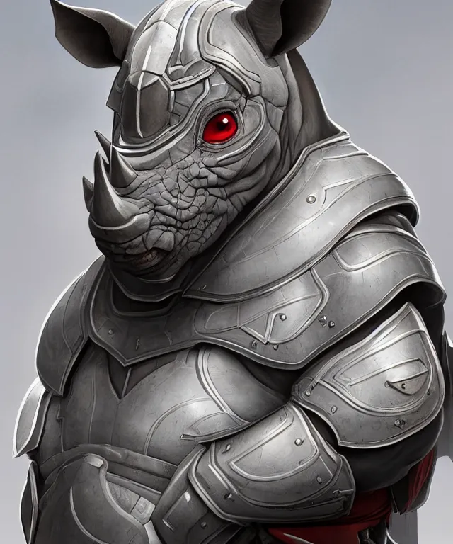 Image similar to A beautiful portrait of an anthropomorphic rhino wearing paladin armor, front facing!!, character design, by Pixar style by Tristan Eaton_Stanley Artgerm and Tom Bagshaw, hyper realism, high detail, trending on artstation, unreal engine 5, Lumen, 8k, 38mm photography