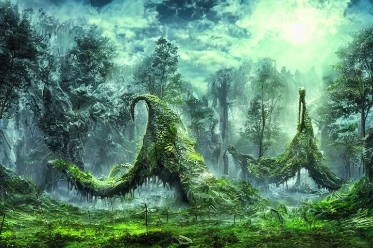 Image similar to digitalblasphemy digital blasphemy wallpaper render of an alien forest strange exotic planet bizarre plants imaginative dreamworld expansive landscape