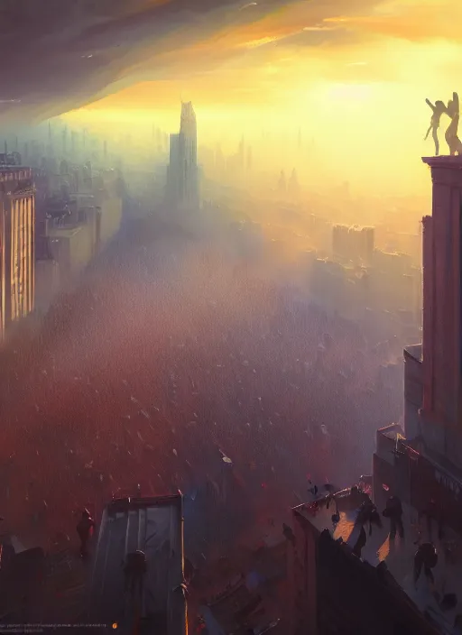 Image similar to painting of a crowd with raised arms pointing toward, demonstration in city, cinematic view, epic sky, detailed, concept art, low angle, high detail, warm lighting, volumetric, godrays, vivid, beautiful, trending on artstation, by jordan grimmer, huge scene, art greg rutkowski