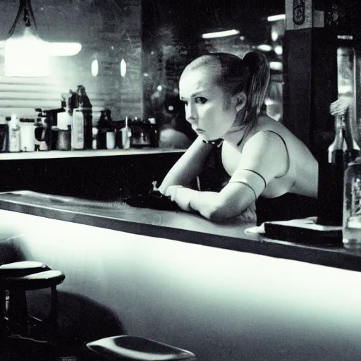 Image similar to a cyborg girl leaning against the counter in a night club staring at the camera, a photograph by Aki Kaurismäki and Christopher Doyle.