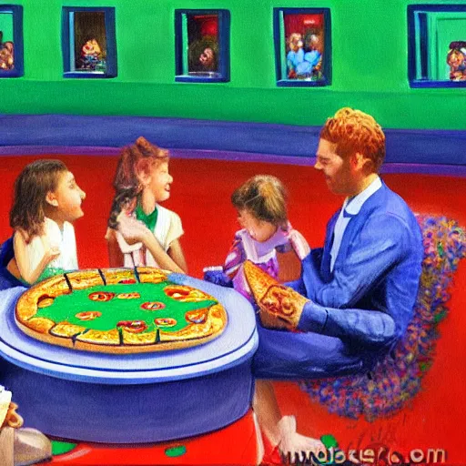 Prompt: a painting of chuck-e-cheese with kids eating pizza by monet