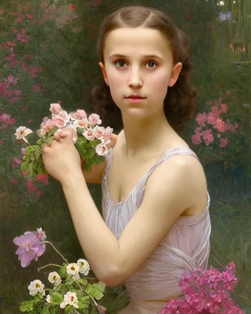 Prompt: a well - lit portrait painting of a shy, blushing 1 6 - year old alicia vikander or millie bobby brown as a ballerina in her flower garden with lanterns at night, intricate, elegant, highly detailed, artstation, concept art, by krenz cushart and donato giancola and william adolph bouguereau and alphonse mucha