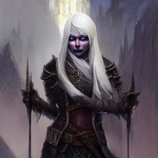 Image similar to closeup portrait of drow, dungeons and dragons character, dramatic lighting, castle background, gorgeous view, realistic, high detail, digital art, painted by greg rutkowski, painted by jeremy mann, trending on artstation