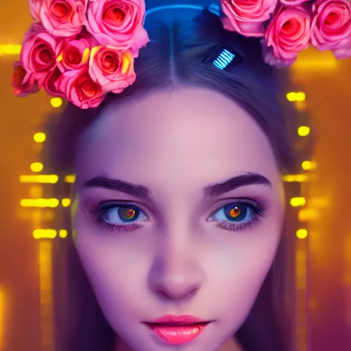 Image similar to portrait of a cute young woman with robot ears and eyes, 4k, sharp focus, neon colored fluorescent lighting, flowers, jordan grimmer