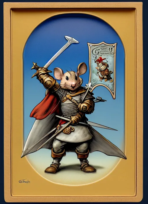 Prompt: a porcelain heroic mouse knight with sword and shield on a parchment background, redwall, greg rutowski and jean baptiste monge, detailed, epic fantasy