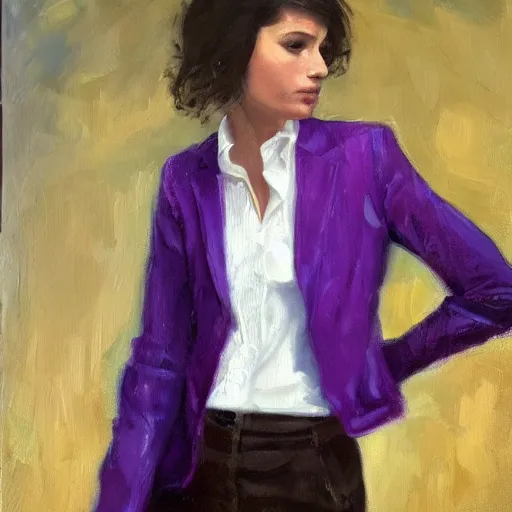 Prompt: 1 8 year old white shirt, purple blazer jacket, brunette, beautiful woman, determined, fearless, sharp looking portrait, oil painting